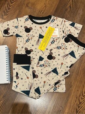 Kids Bamboo NYE Mickey Mouse Pajama Set with Black Trim - Neutral/Cream